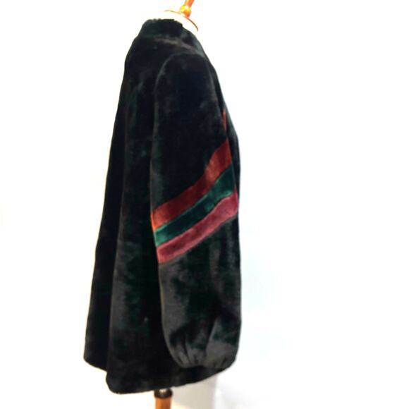 Vintage 80s Borgazia Black Faux Fur Coat Red Green Stripe, Size 13/14 - Picture 4 of 8